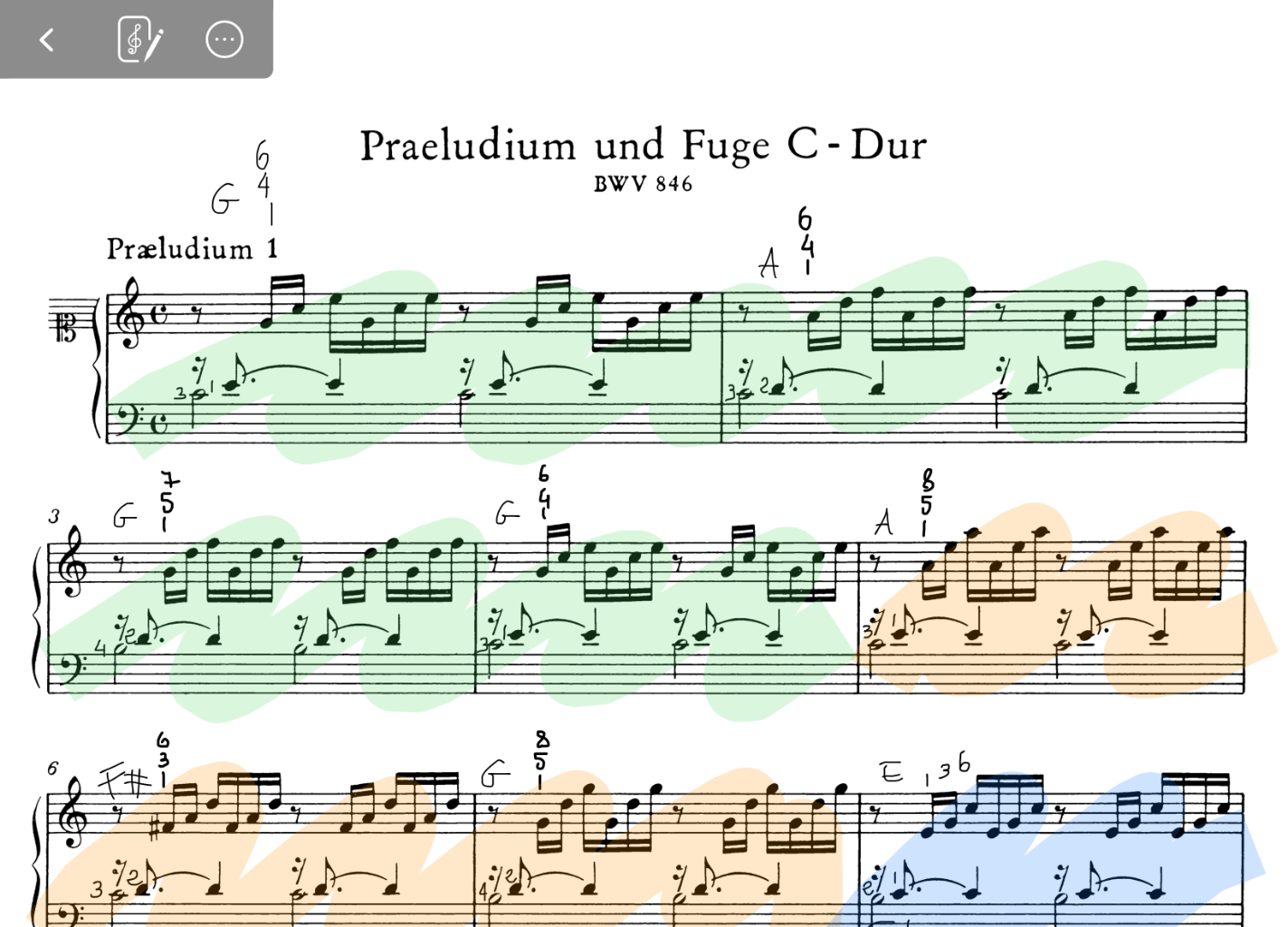Upper half of Bach Prelude BWV 846 with the teacher's coloured analysis and annotations