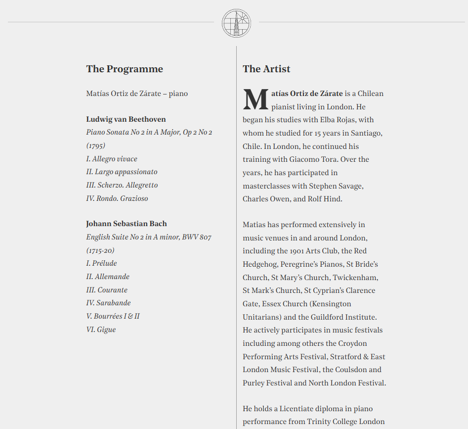 St Bride's recital programme for Matias
